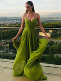 A Line V Neck Green Chiffon Long Prom Dresses with Leg Slit,  Formal Graduation Evening Dresses OK1723