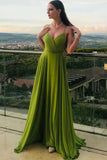 A Line V Neck Green Chiffon Long Prom Dresses with Leg Slit,  Formal Graduation Evening Dresses OK1723