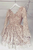 A Line V Neck Long Sleeves Lace Homecoming Dress Cute Short Prom Dress OKZ49