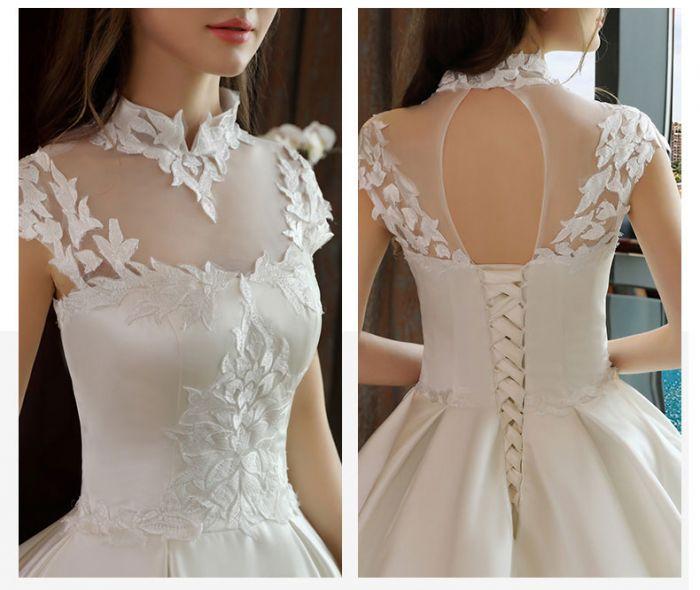 Ivory High Neck Ball Gown Lace Applique Cheap Wedding Dress OK801