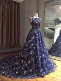 Chic A-line Ball Gown Dark Navy Sweep Train Tulle Modest Rhinestone Long Prom Dress OK500