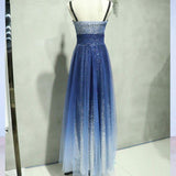 A-line Spaghetti Strap Sleeveless Royal Blue Tulle Sequins Modest Long Prom Dresses OK616