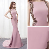 Elegant Mermaid Pink Sweep Train Bateau Long Prom Dresses With Beading OK885