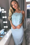 Unique Tight Spaghetti Light Blue Knee Length Graduation Dress with Lace Appliques OK1545