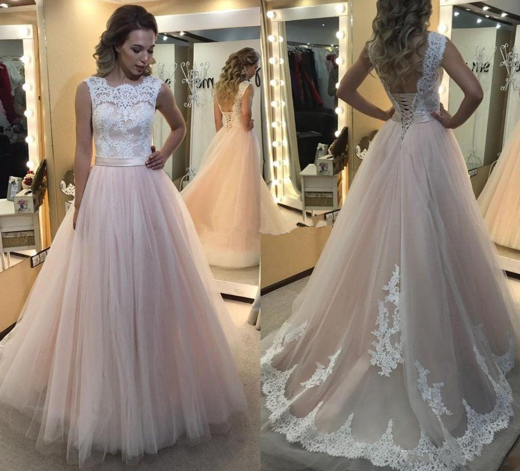 A-line Light Pink Tulle with White lace appliqued Long Backless Prom Dresses OK221