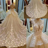 Princess Lace Appliqued Flowers Chapel Train Wedding Dress,Pretty Bridal Gown OK222