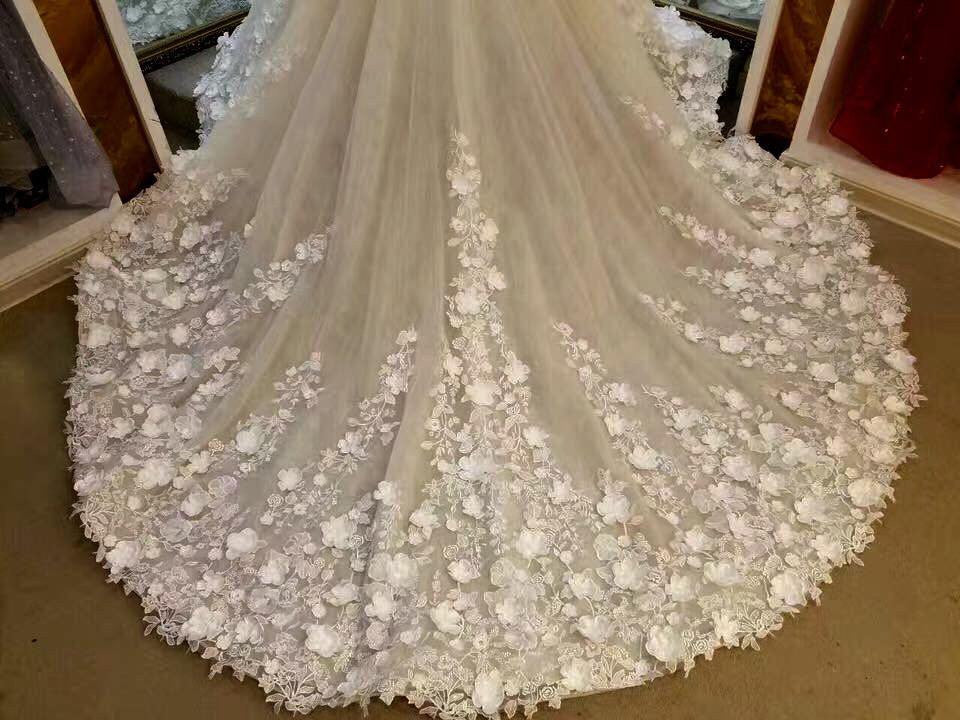 Princess Lace Appliqued Flowers Chapel Train Wedding Dress,Pretty Bridal Gown OK222