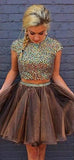 Sexy Rhinestone Beaded Organza Shinny 2 Pieces Cap Sleeves Backless Homecoming Dress OK372