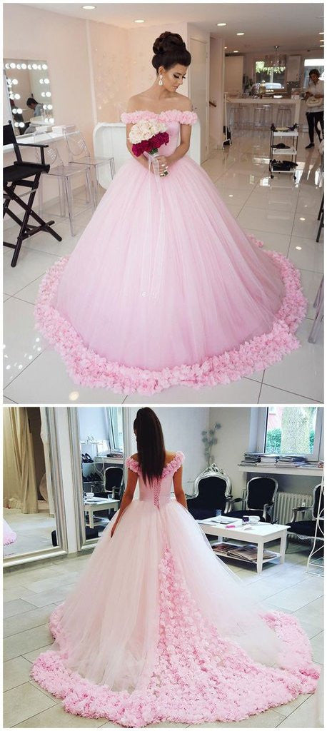 Ball Gown Off shoulder Pink Tulle Flowers Wedding Dress,Pink Quinceanera Dresses OK224
