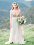 Gold Sequin Chiffon Backless Simple Beach Wedding Dress with Sash OKF2