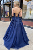 Dark Blue Tulle Lace Applique Spaghetti Straps Long Prom Dress Evening Dress OKT81