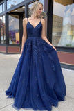 Dark Blue Tulle Lace Applique Spaghetti Straps Long Prom Dress Evening Dress OKT81