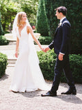 Elegant Sheath V Neck Off White Wedding Dress Simple Beach Wedding Gown OKX57