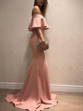 Pink Off Shoulder Ruffles Mermaid Satin Prom Dress Simple Long Evening Dress OK1555