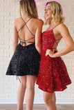 Backless Short Black Burgundy Prom Dress Backless A-line Sequins Graduation Homecoming Dress OK1660