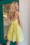 Backless Short Lace Appliques Prom Dress A-line Yellow Graduation Homecoming Dress OKX50