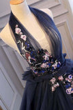 Princess Ball Gown Dark Blue Tulle Halter Prom Dress Deep V Neck Backless Evening Dresses OKI90