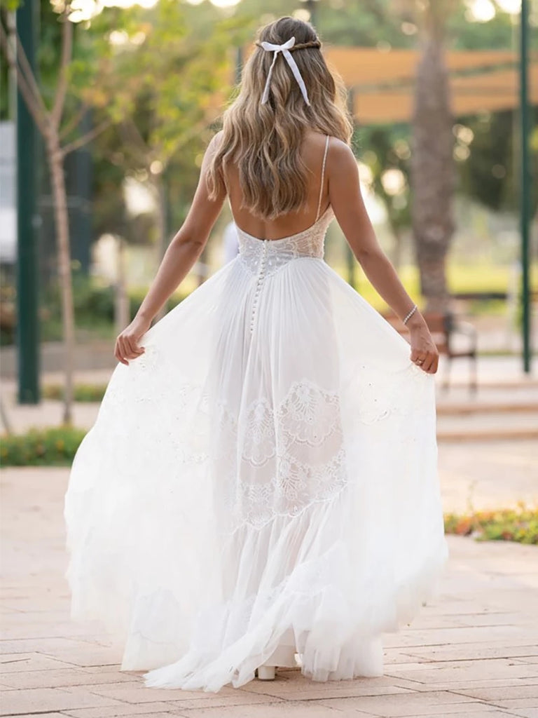 Stunning Tulle A-line Long Beach Wedding Dress Spaghett Straps Backless Boho Bridal Gowns OKY97