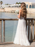 Stunning Tulle A-line Long Beach Wedding Dress Spaghett Straps Backless Boho Bridal Gowns OKY97