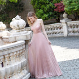 Beautiful Pink Sleeveless Long Prom Dress New Beading Glitter V Neck Pleated Party Gown OKW57