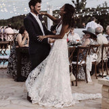 Sexy Beach Ivory Lace Wedding Dress With Slit Backless Boho Bridal Dress OKW55