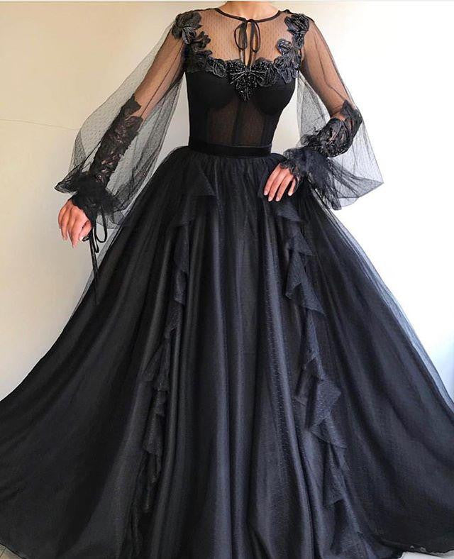 Black Long A line Tulle Prom Dresses Long Sleeves Modest Evening