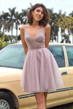 Blush Pink Sequins A-line Knee Length Homecoming Dress, Short Prom Dresses OK1775