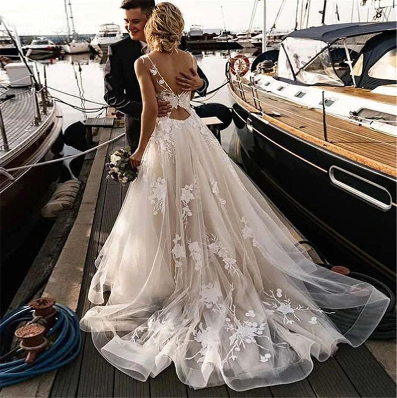 Sheer Sweetheart Chiffon and Lace Beach Bridal Dress - VQ