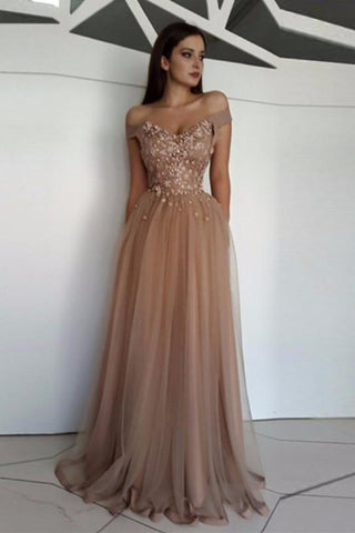 A Line Off Shoulder Tulle Lace Appliques Long Prom Dress, Formal Dresses, Graduation Dresses OKJ16