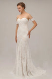 Charming Ivory Lace Mermaid Beach Wedding Dress Sweetheart Boho Bridal Dresses OKN95