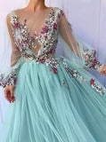 Princess Scoop Floral Appliques Long Puffy Sleeves Prom Dresses OKI31