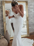 Classic Soft Satin Mermaid Wedding Dress Spaghetti Straps Criss Cross Back Trumpet Bride Dress OKV64