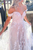 A-line Tulle Appliques Lace Off the Shoulder Criss Cross Back Boho Wedding Dress OK1645