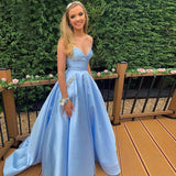 Sky Blue Cross Back Prom Dress Long Elegant V-neck Evening Dress OKW32