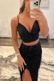 Two Piece Black Sequin Mermaid Tassle Long Prom Gowns Evening Dress OK1393