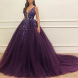 Deep Purple Sleeveless Crystals Beaded V Neck Ball Gown Prom Dress OKV55