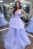 Elegant Deep V Neck Lavender A-line Tulle Sleeveless Long Prom Dress OKY79