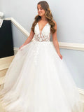 Deep V Neck Off White Lace Floral Tulle Bridal Dresses, White Lace Wedding Dresses OK1760