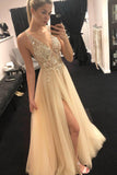 Cheap V-Neck Beading Tulle Long Prom Dresses, Junior Split Evening Party Dress OKI32