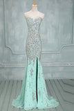 Mermaid Beaded Mint Front Split Long Prom Dresses Evening Dresses ED0646