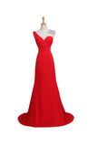Satin Red Long Beaded One Shoulder Prom Dresses ED0659