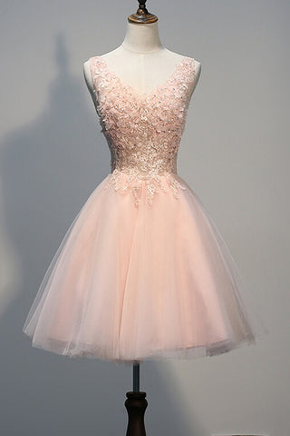 Blush Pink Lace Beaded Backless V-neck Homecoming Dresses ED0688