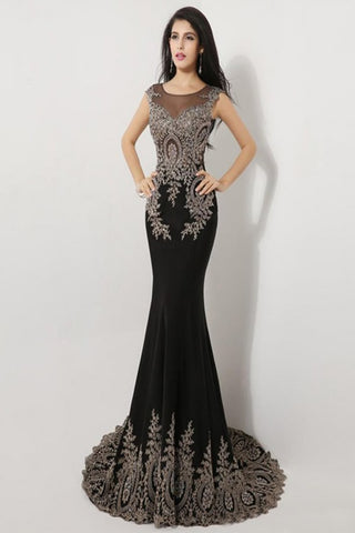 Black Cap Sleeve Beaded Prom Dress with Sweep Train