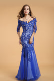 Blue V-neck Lace Half Sleeves Backless Long Prom Dress ED0829