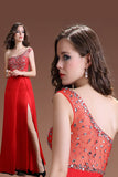 One Shoulder Red Beaded Open Back Prom Dress with Split ED0834