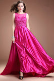 Fuchsia Satin Lace Beaded Cap Sleeves Long Prom Dress ED0839