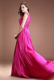 Fuchsia Satin Lace Beaded Cap Sleeves Long Prom Dress ED0839