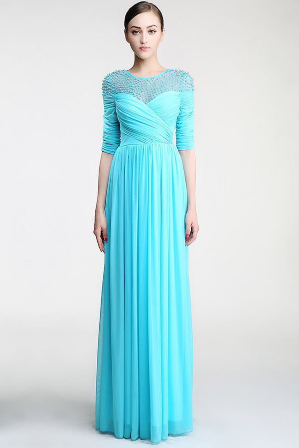 Real Nice Light Sky Blue Chiffon Half Sleeves Prom Dress ED0841
