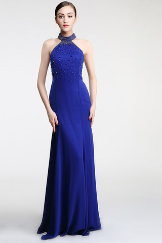 Halter Sheath Royal Blue Mermaid Long Prom Dress ED0843