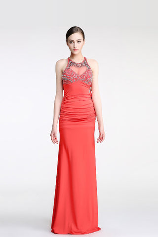 Backless Watermelon Sheath Mermaid Beaded Prom Dress ED0845